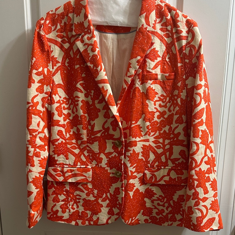 LOFT 100% Linen Orange and Cream Floral Hand Dyed Blazer